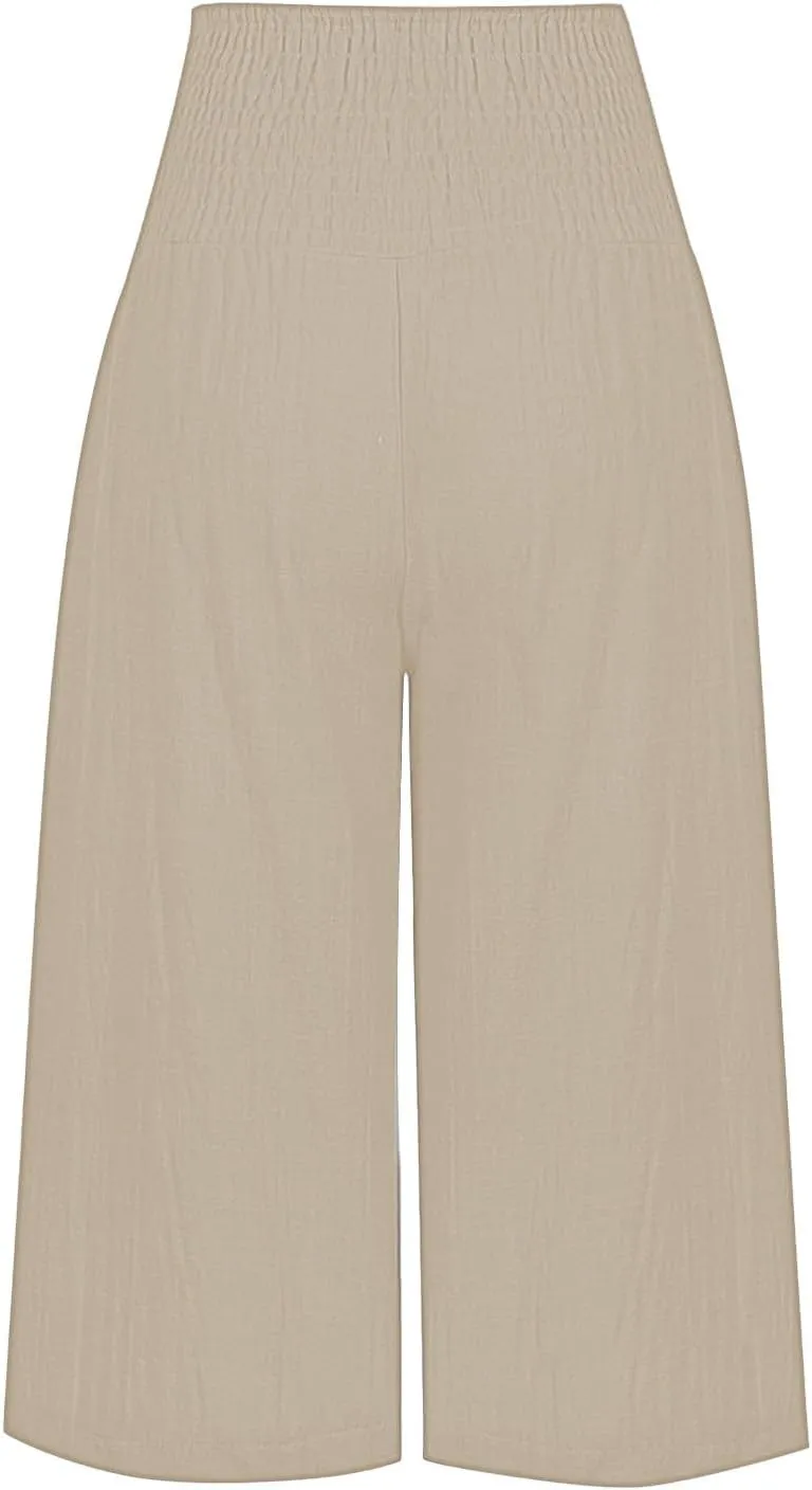 Capri Pants for Women 2025 Wide Leg Linen Palazzo Trousers Pull On Elastic Smock Waist Loose Flowy Pants with Pockets