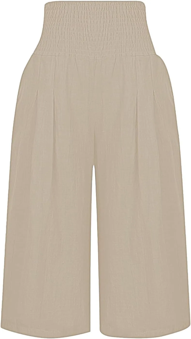 Capri Pants for Women 2025 Wide Leg Linen Palazzo Trousers Pull On Elastic Smock Waist Loose Flowy Pants with Pockets