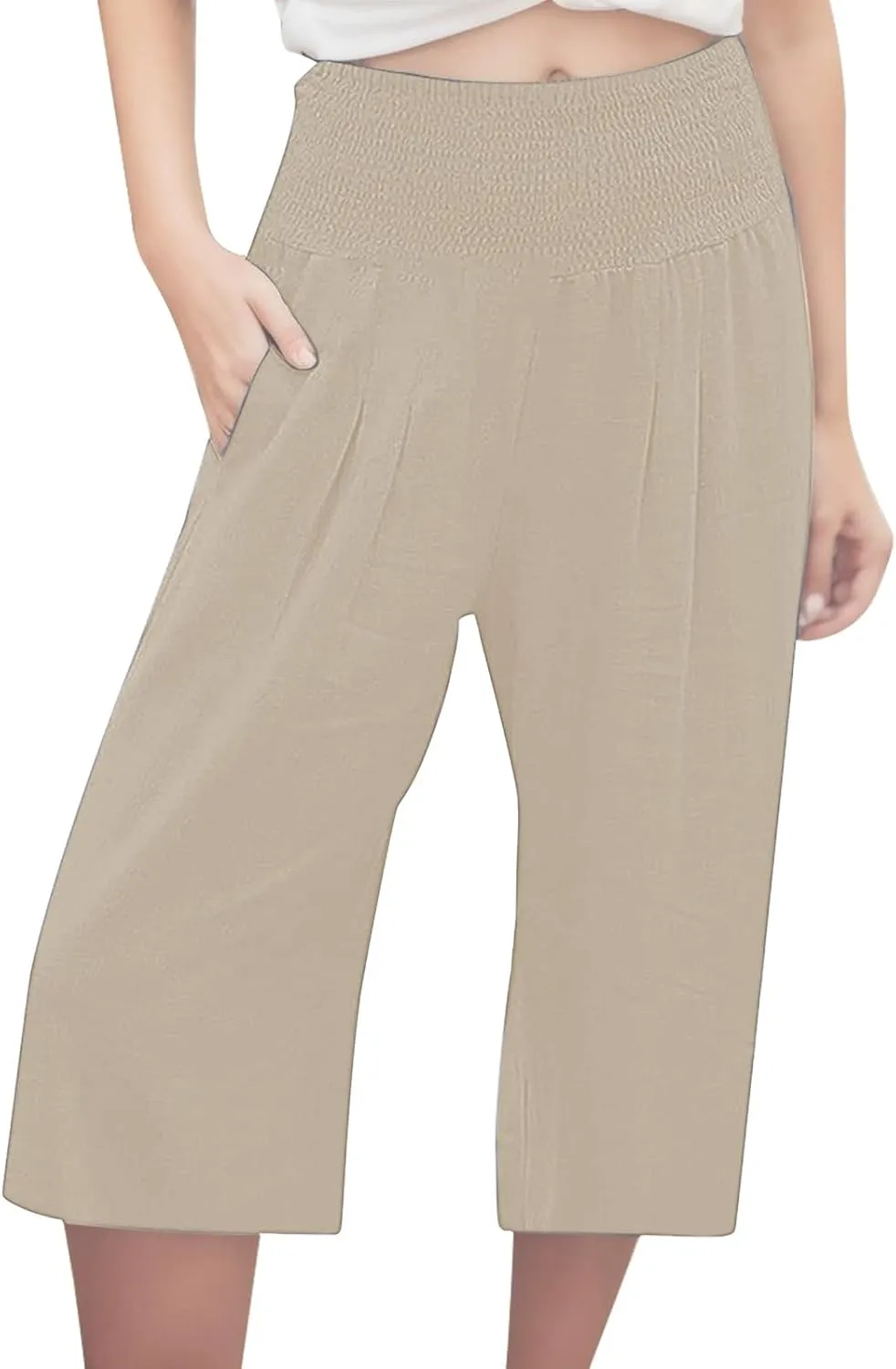 Capri Pants for Women 2025 Wide Leg Linen Palazzo Trousers Pull On Elastic Smock Waist Loose Flowy Pants with Pockets