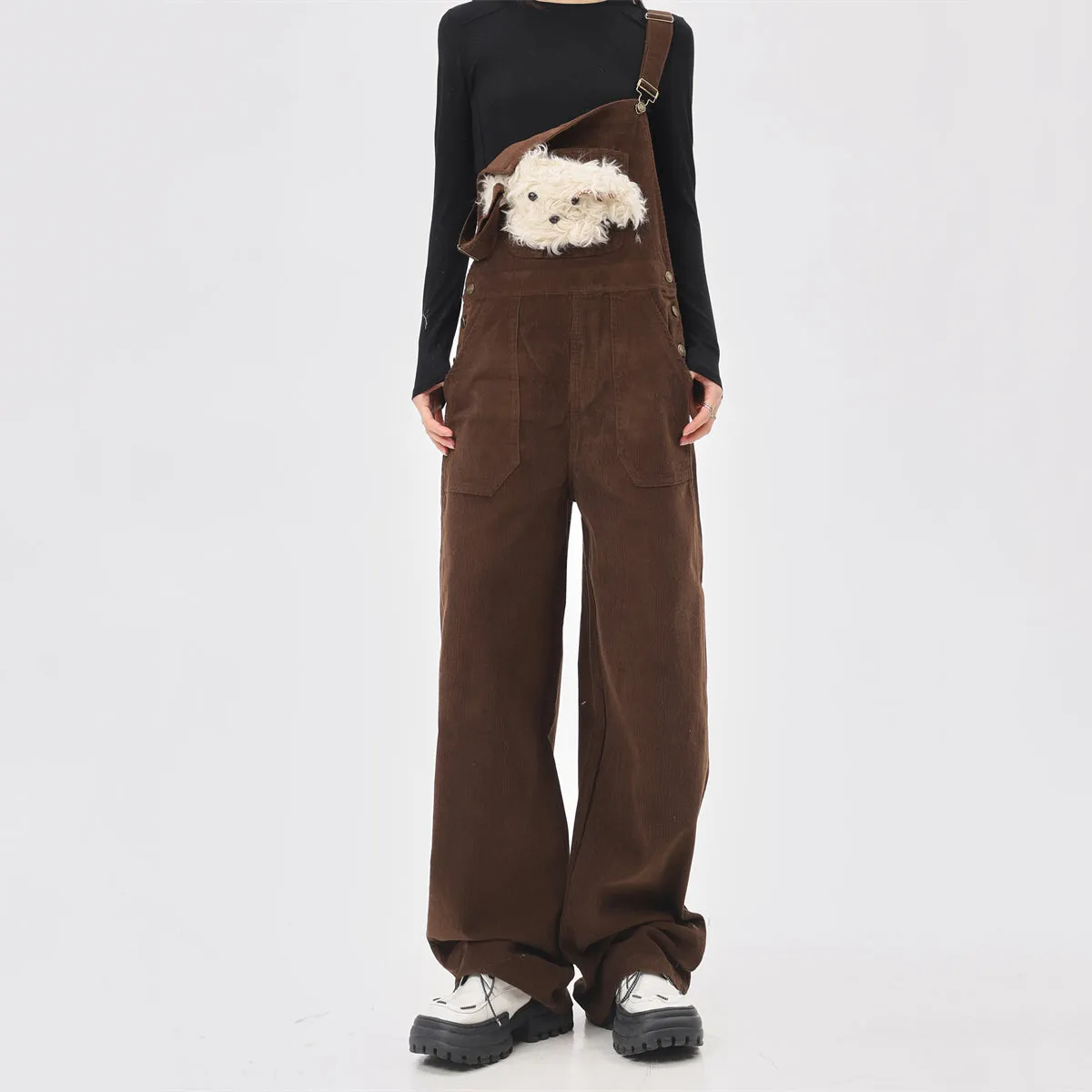 Cartoon Puppy Loose Fit Corduroy Jumpsuit