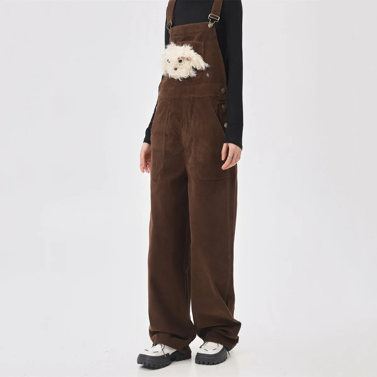 Cartoon Puppy Loose Fit Corduroy Jumpsuit