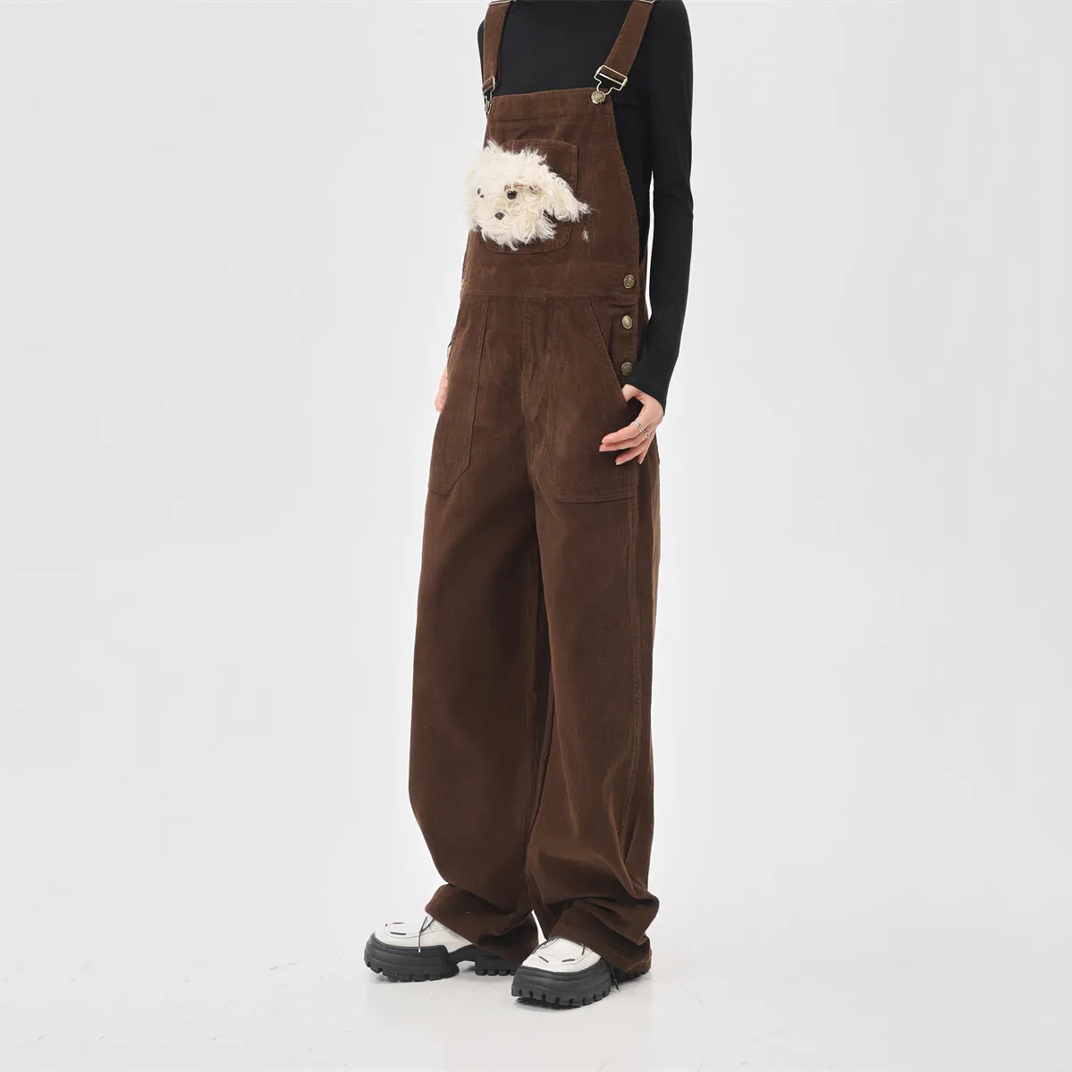 Cartoon Puppy Loose Fit Corduroy Jumpsuit