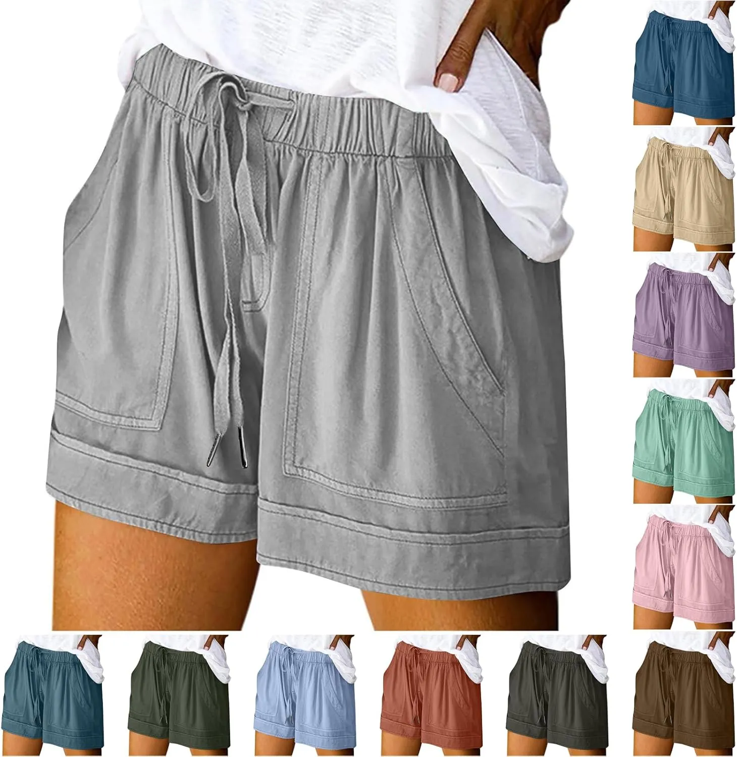 Casual Shorts for Women Trendy Drawstring Elastic Waist Cotton Shorts with Pockets Loose Fit Beach Summer Outfits