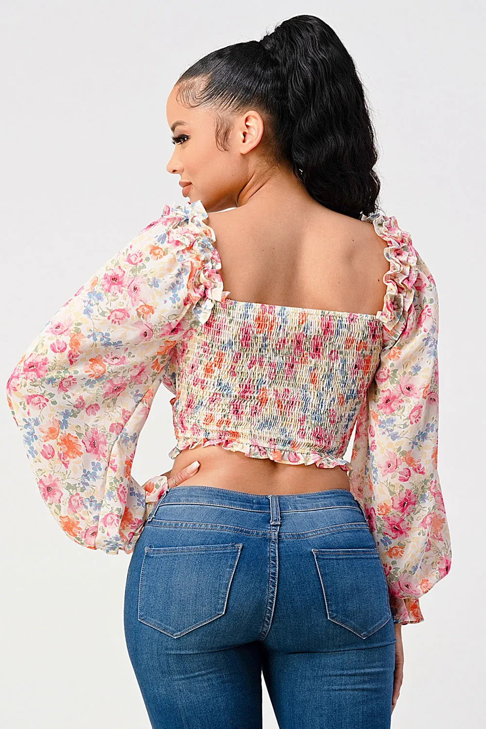 Chic Floral Sweetheart Smocked Body Blouse Top_