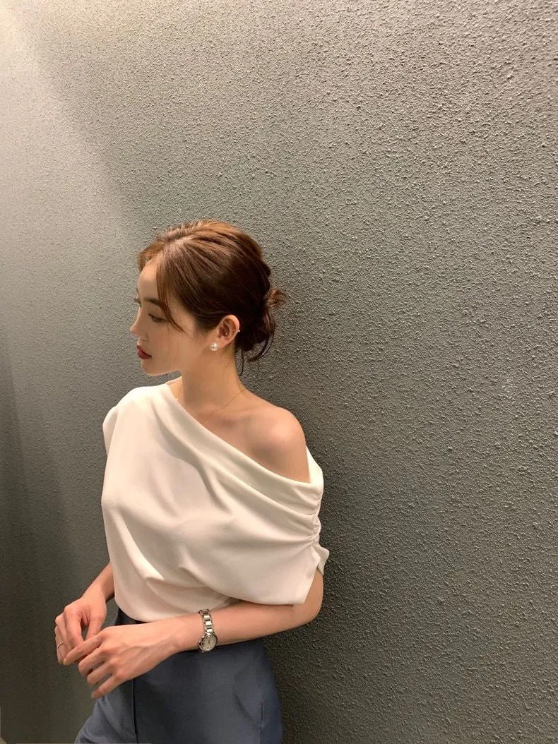 Chic One-Shoulder Ruched Blouse
