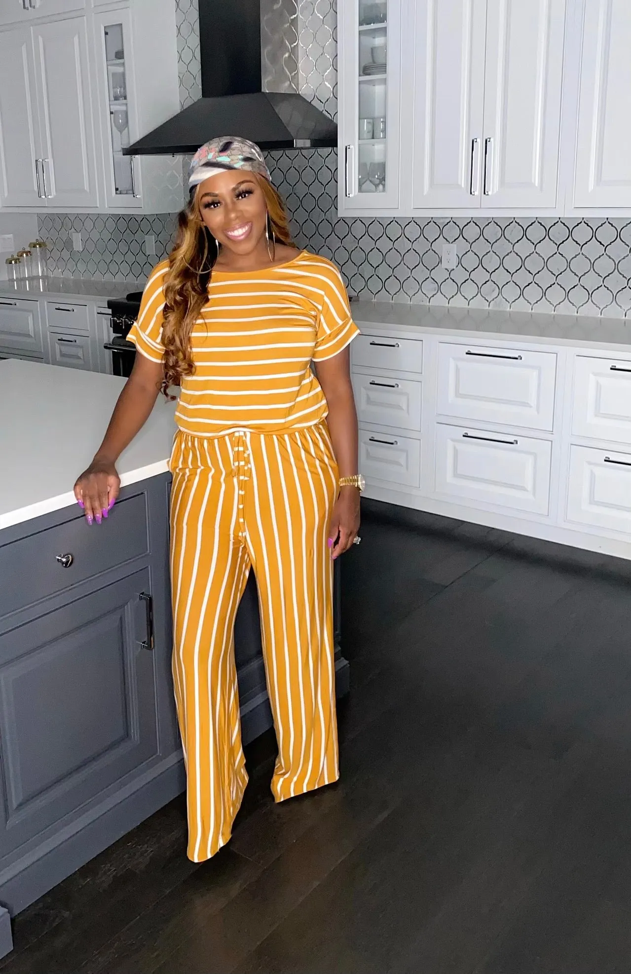 Chill Day" Striped Jumpsuit (Mustard)