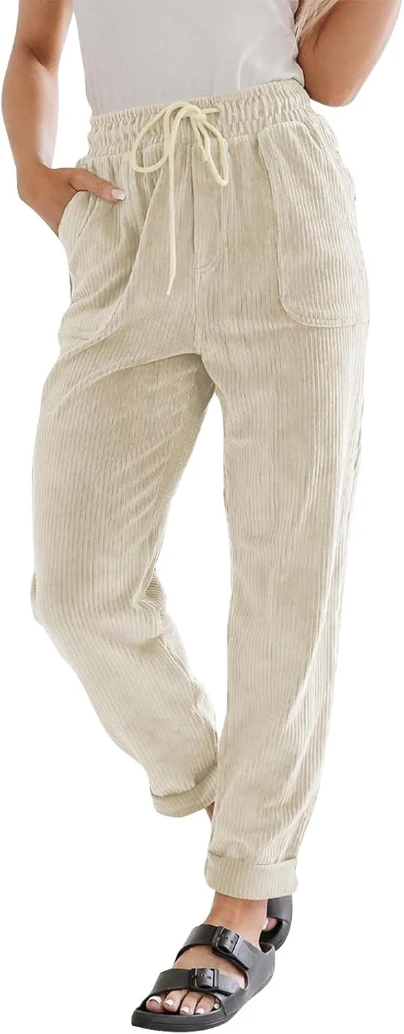 Corduroy Pants Women Casual Elastic High Waisted Straight Leg Pants Soft Comfy Drawstring Lounge Trousers
