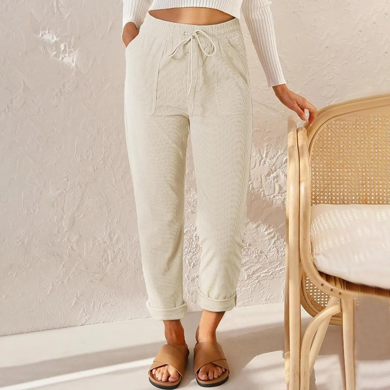 Corduroy Pants Women Casual Elastic High Waisted Straight Leg Pants Soft Comfy Drawstring Lounge Trousers