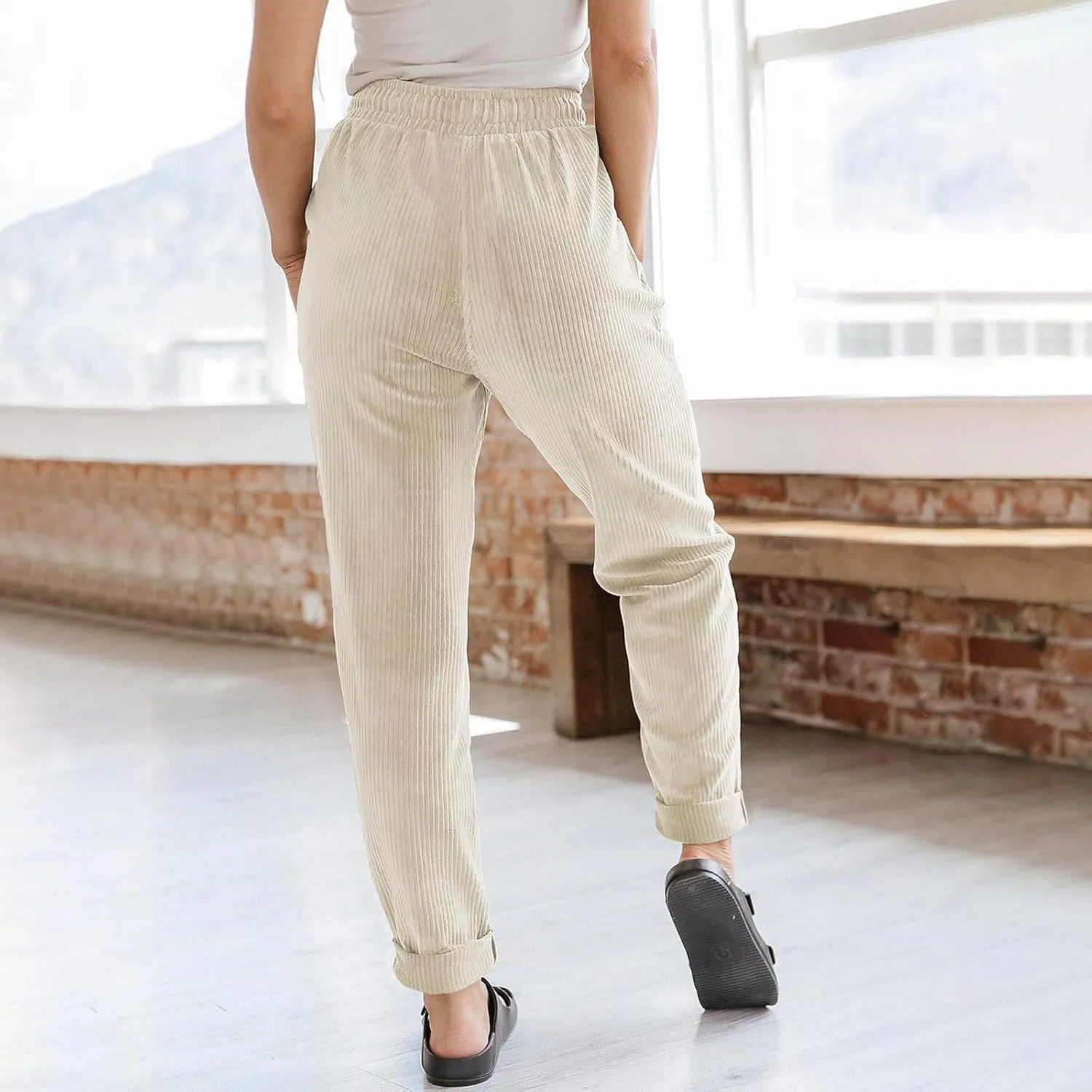 Corduroy Pants Women Casual Elastic High Waisted Straight Leg Pants Soft Comfy Drawstring Lounge Trousers