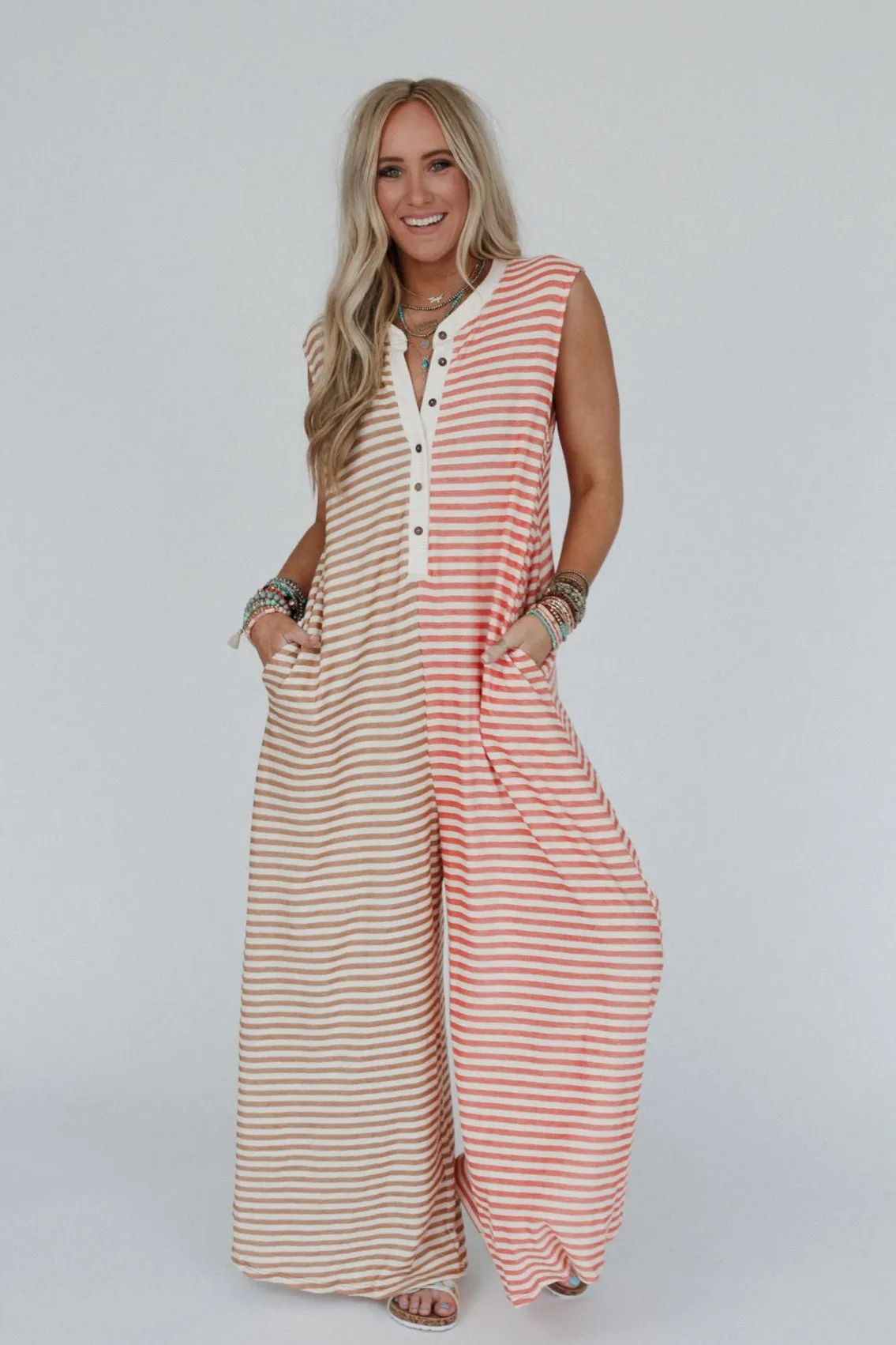Daphne Striped Wide Leg Jumpsuit - Coral Multi