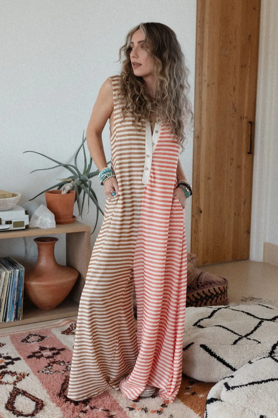 Daphne Striped Wide Leg Jumpsuit - Coral Multi