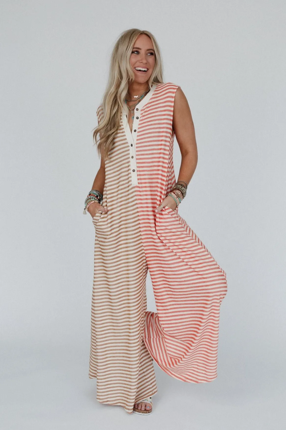 Daphne Striped Wide Leg Jumpsuit - Coral Multi