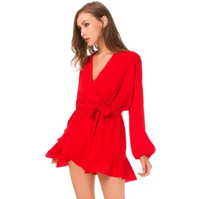 Deep V-Neck Ruffle Chiffon Long Sleeve with Belt