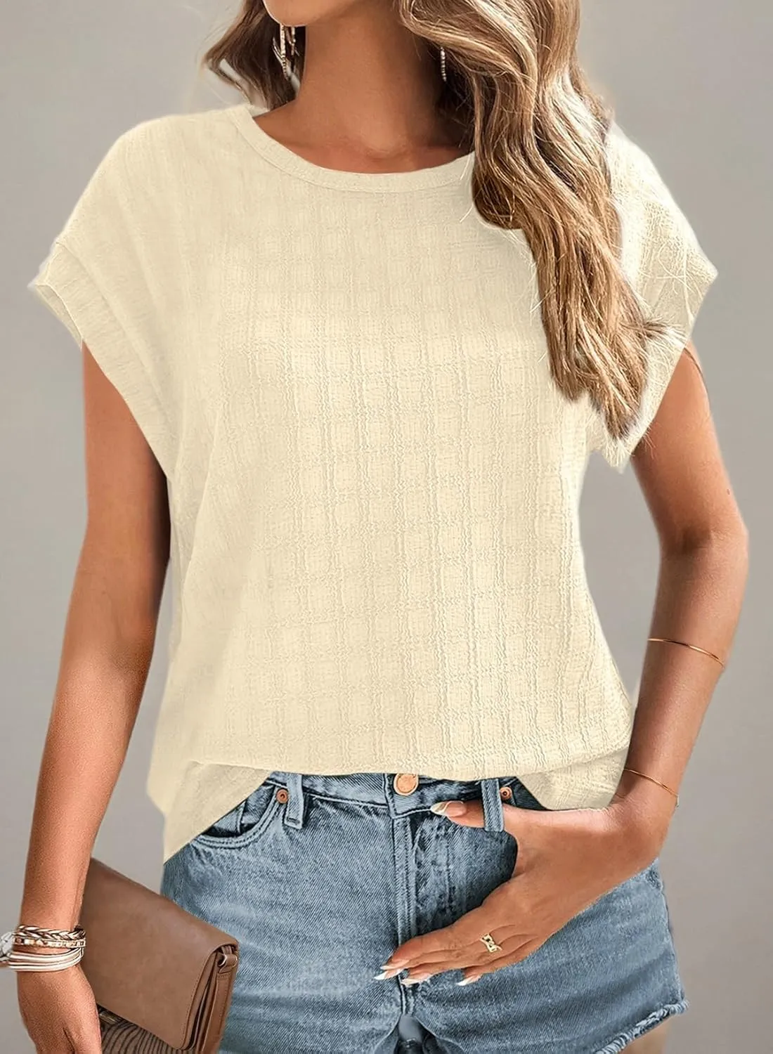 Dokotoo Womens Blouses Summer Casual Cap Short Sleeve Tops Basic Textured Solid Color Round Neck T Shirts Blouse