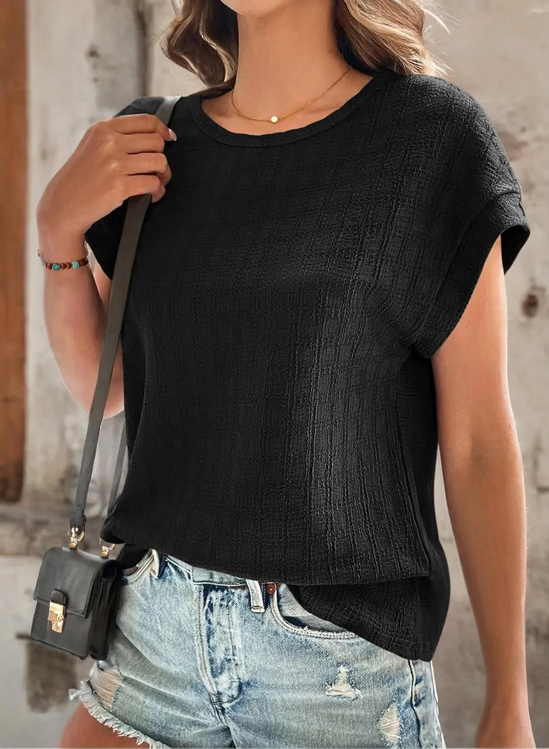 Dokotoo Womens Blouses Summer Casual Cap Short Sleeve Tops Basic Textured Solid Color Round Neck T Shirts Blouse