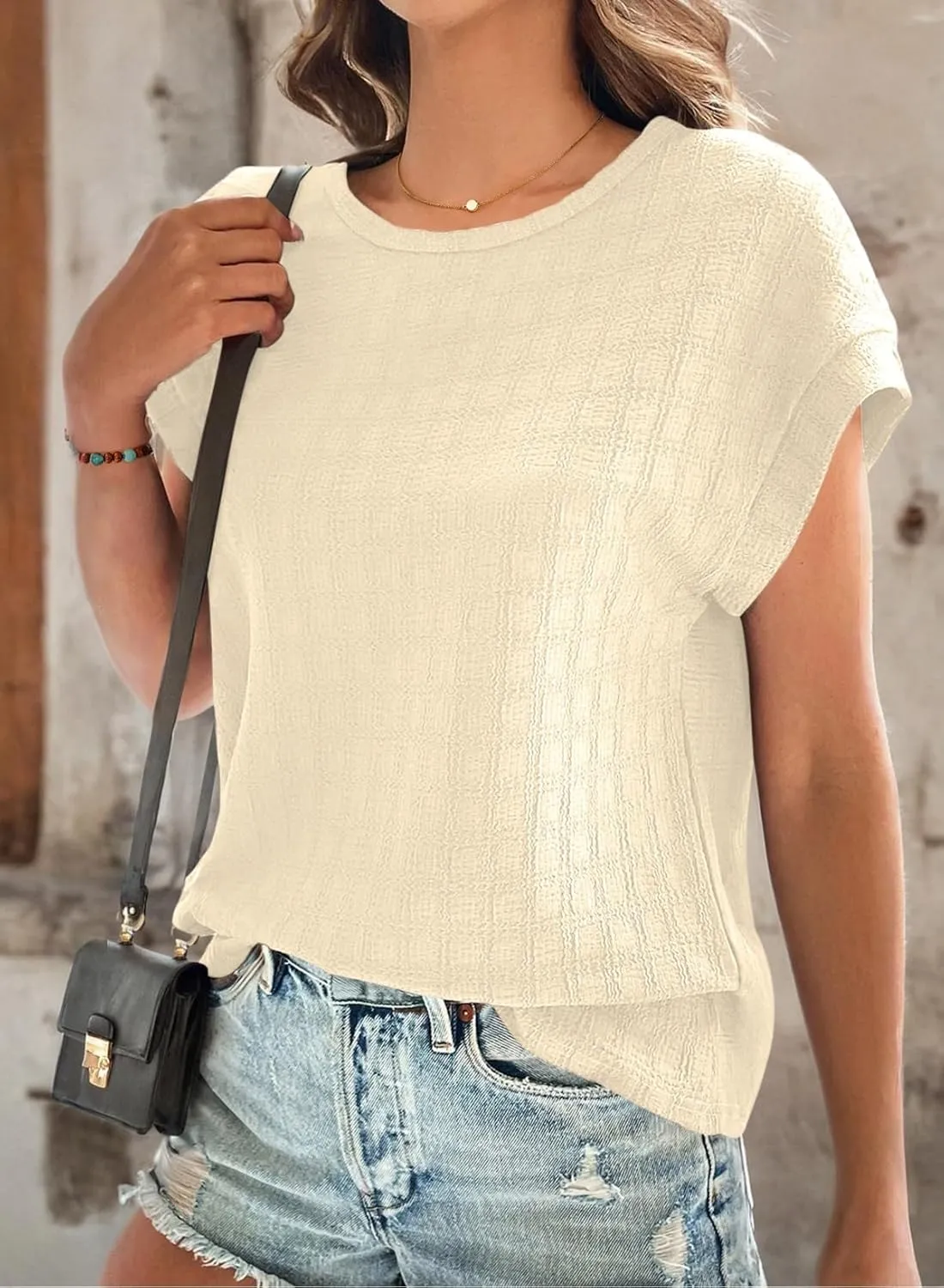 Dokotoo Womens Blouses Summer Casual Cap Short Sleeve Tops Basic Textured Solid Color Round Neck T Shirts Blouse
