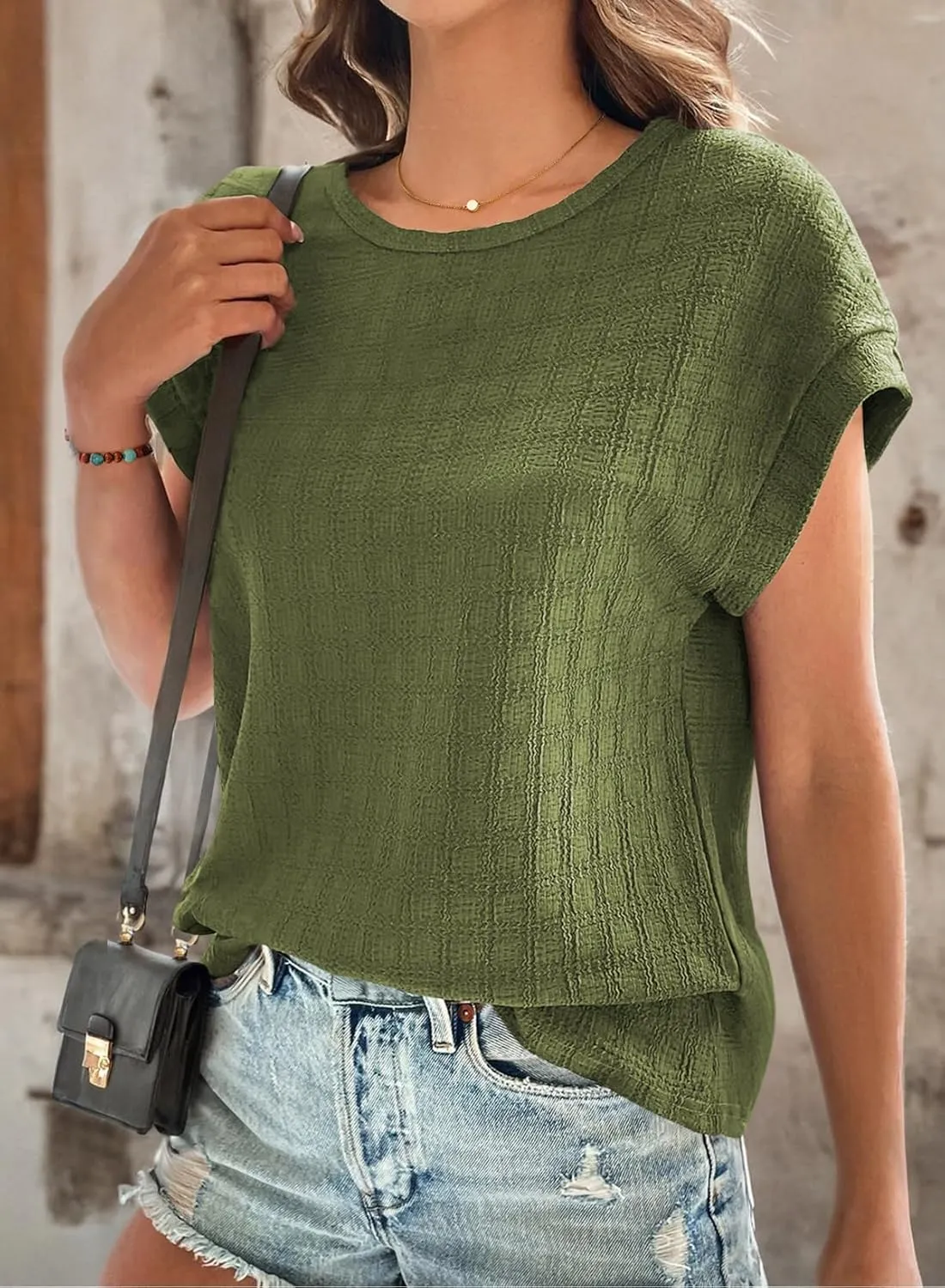 Dokotoo Womens Blouses Summer Casual Cap Short Sleeve Tops Basic Textured Solid Color Round Neck T Shirts Blouse