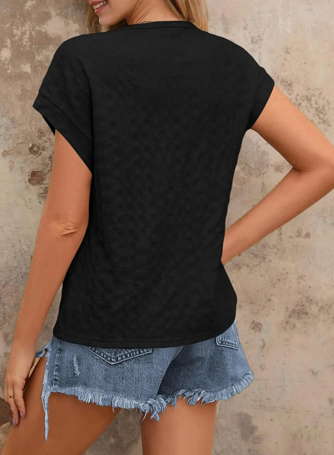 Dokotoo Womens Blouses Summer Casual Cap Short Sleeve Tops Basic Textured Solid Color Round Neck T Shirts Blouse