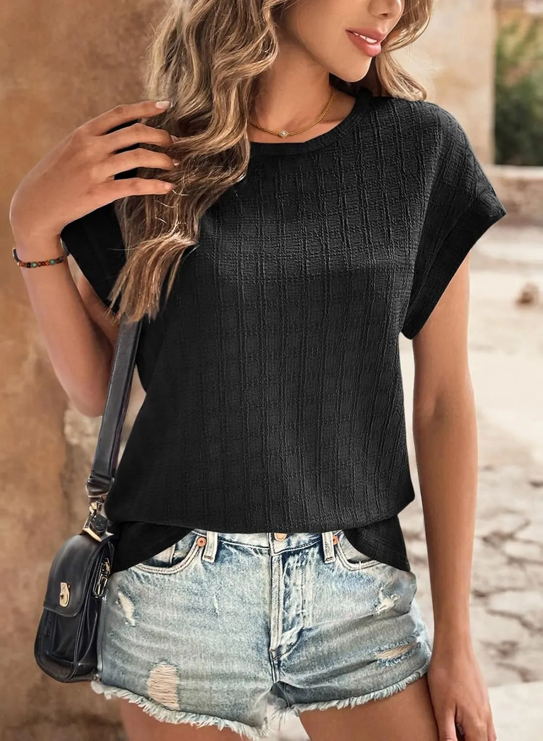 Dokotoo Womens Blouses Summer Casual Cap Short Sleeve Tops Basic Textured Solid Color Round Neck T Shirts Blouse