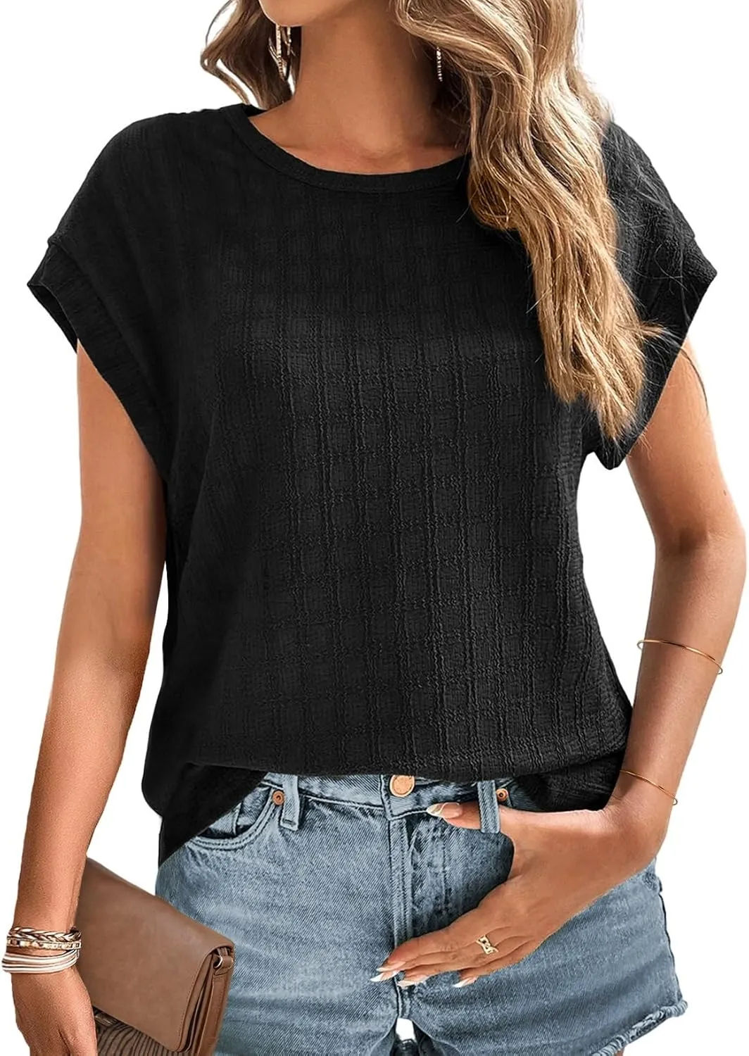 Dokotoo Womens Blouses Summer Casual Cap Short Sleeve Tops Basic Textured Solid Color Round Neck T Shirts Blouse