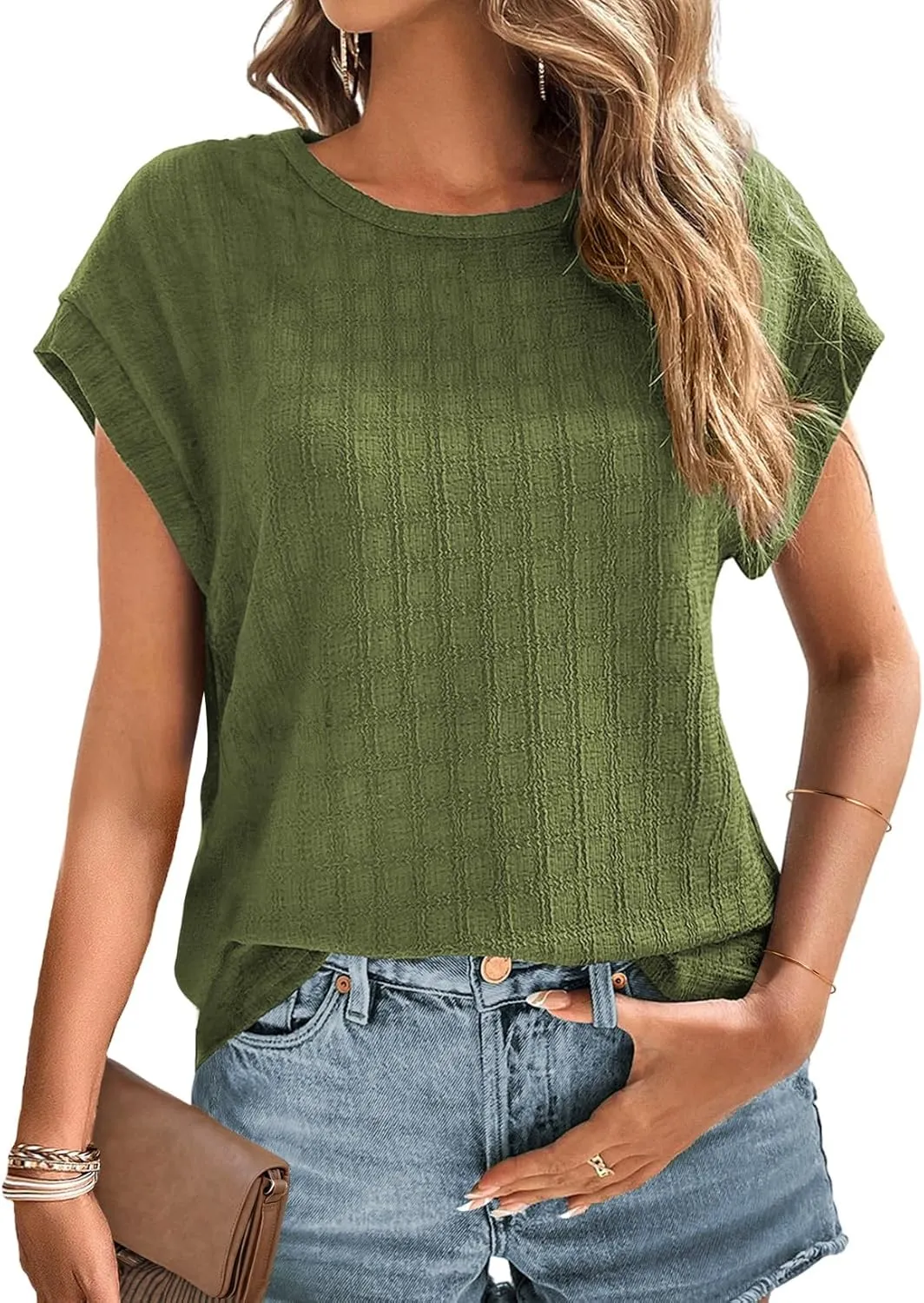 Dokotoo Womens Blouses Summer Casual Cap Short Sleeve Tops Basic Textured Solid Color Round Neck T Shirts Blouse