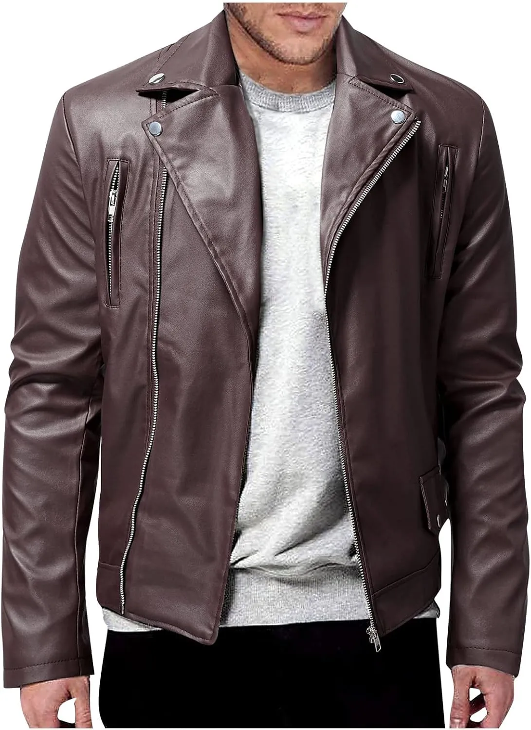 DuDubaby Men Vintage Cool Jacket Leather Long Sleeve Autumn Winter Stand Collar Club Coat
