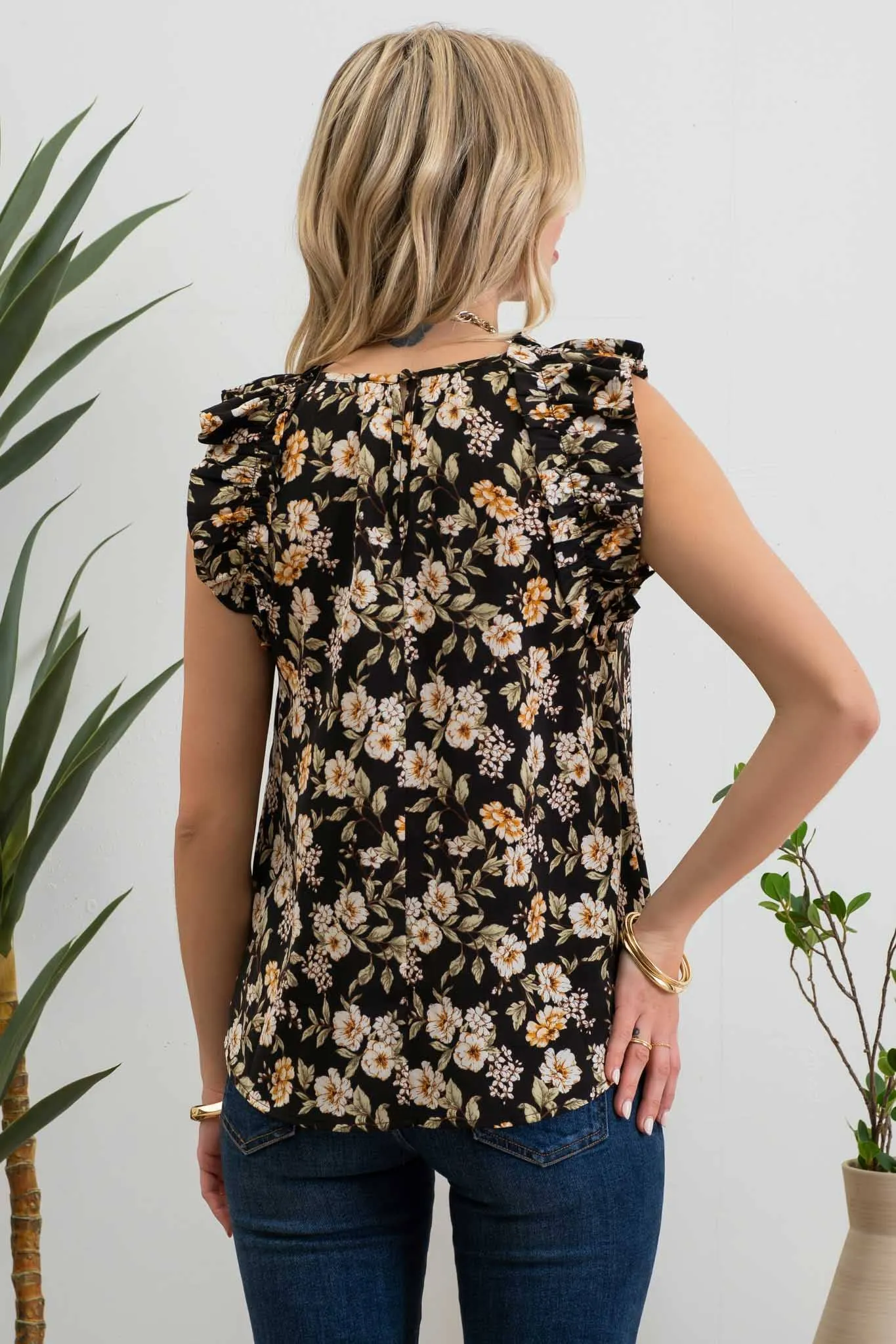 FLORAL PRINT ROUND NECK RUFFLE TRIM BLOUSE