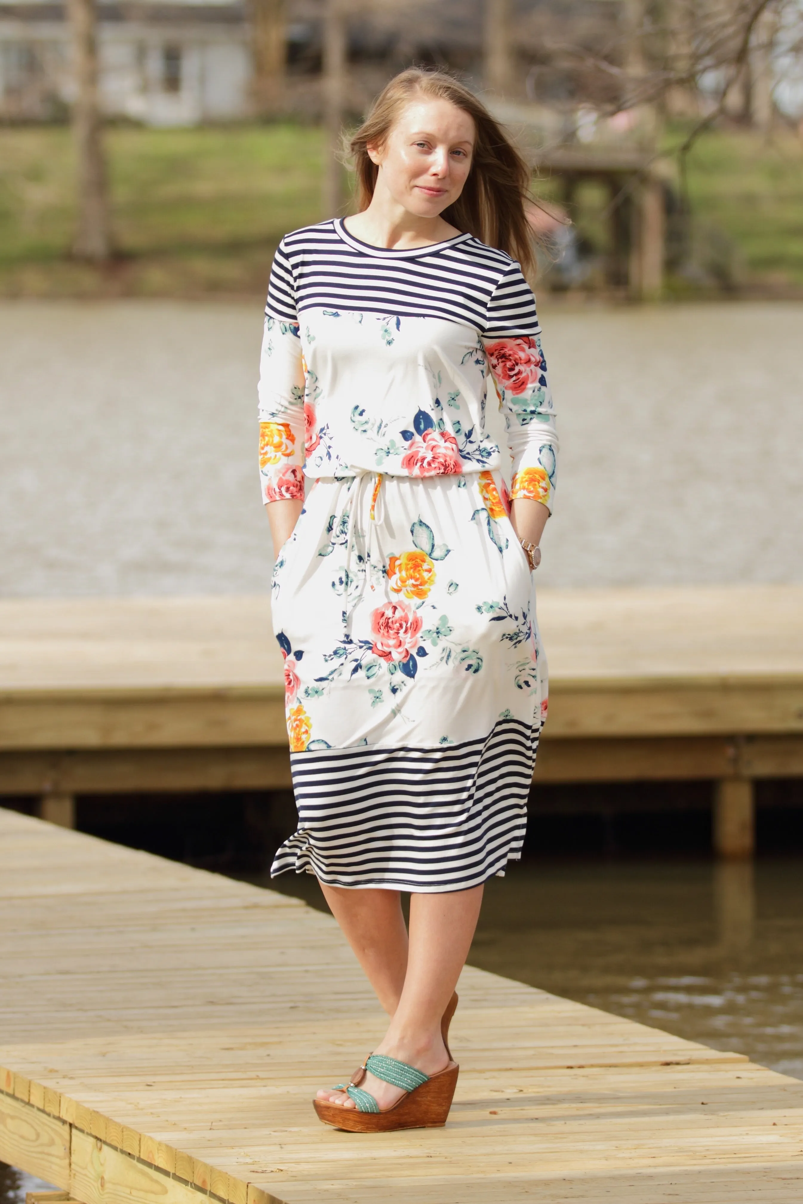 Floral with Stripes Midi Dress