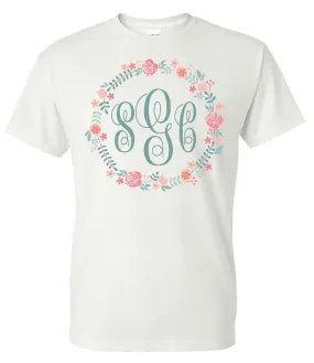 Flower Circle Frame Monogram - White Short Sleeve Tee
