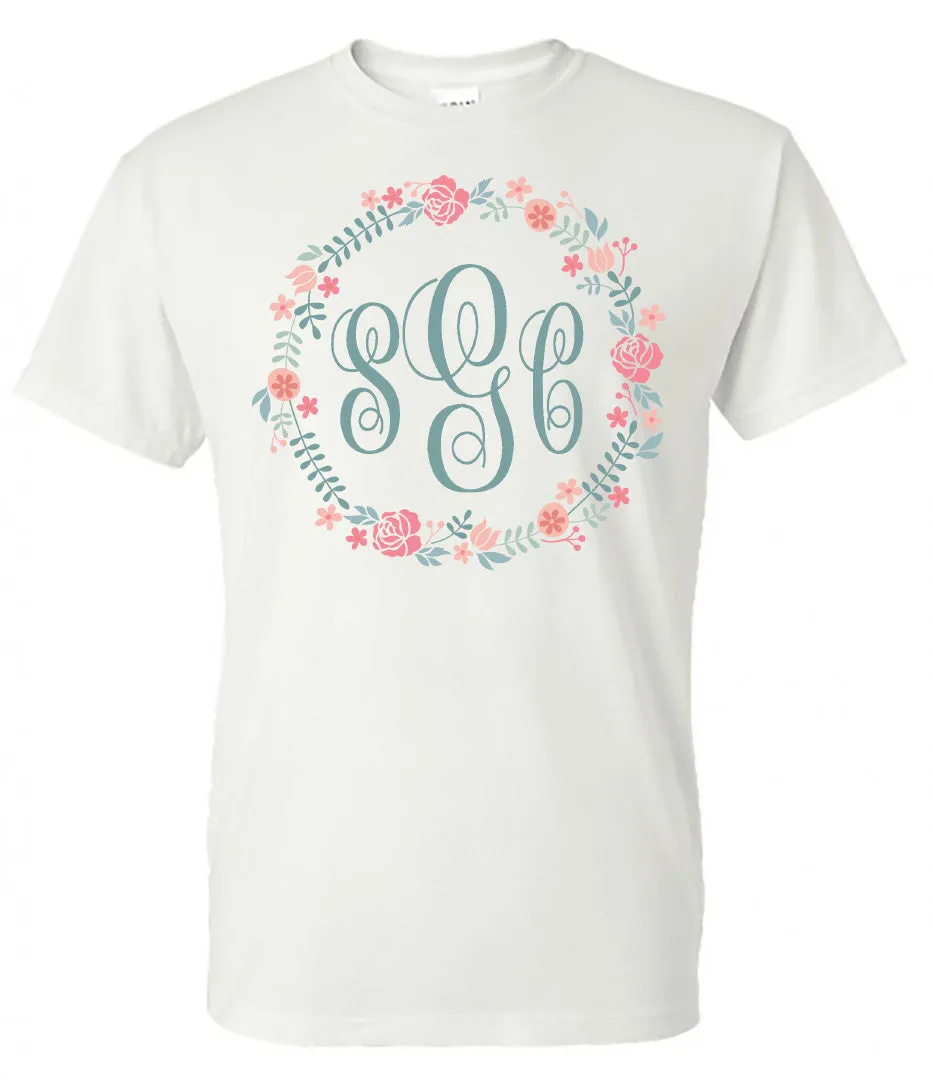 Flower Circle Frame Monogram - White Short Sleeve Tee