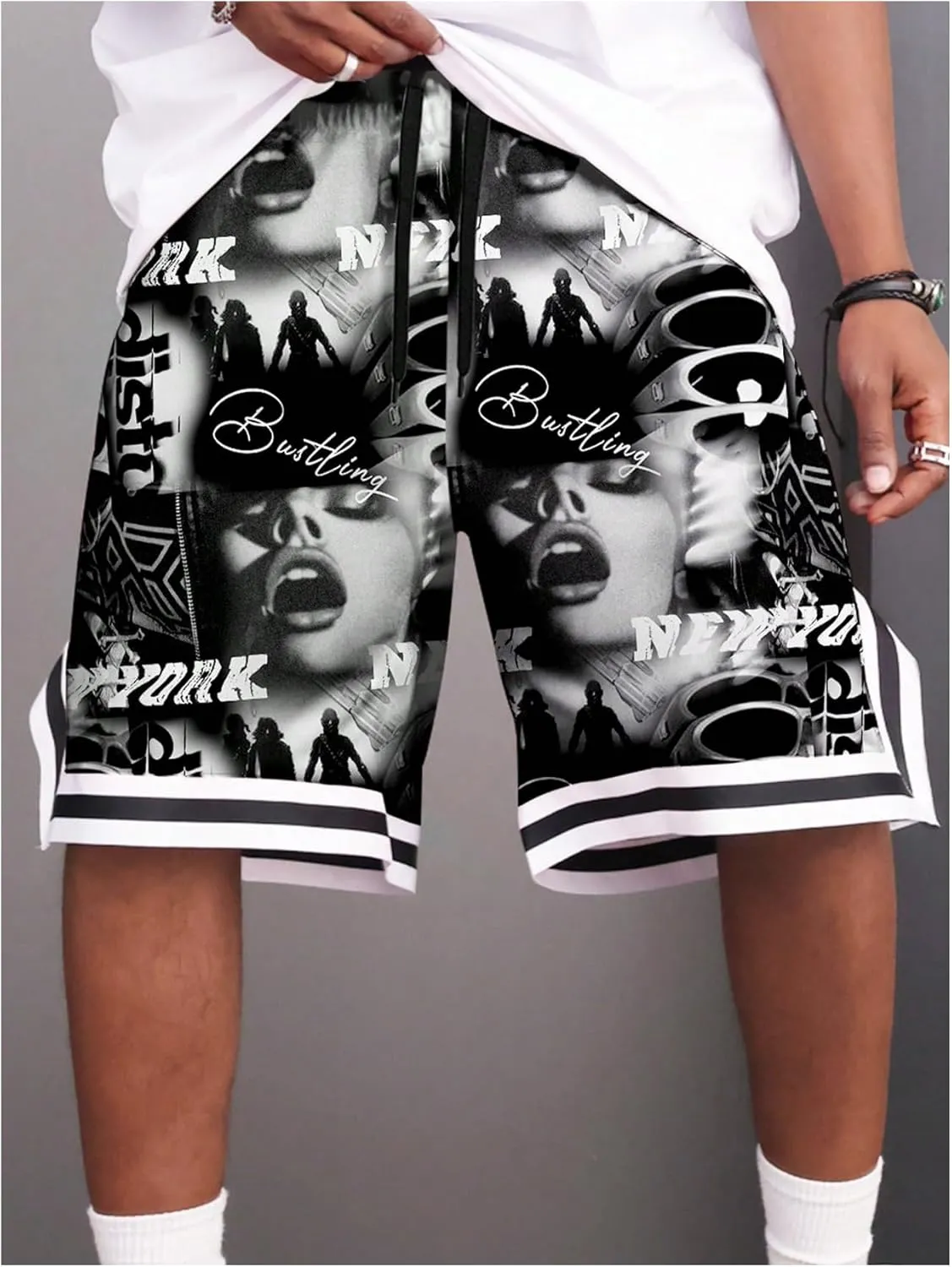 GORGLITTER Men's Striped Hem Drawstring Basketball Shorts Figure Graphic Quick Dry Running Gym Shorts