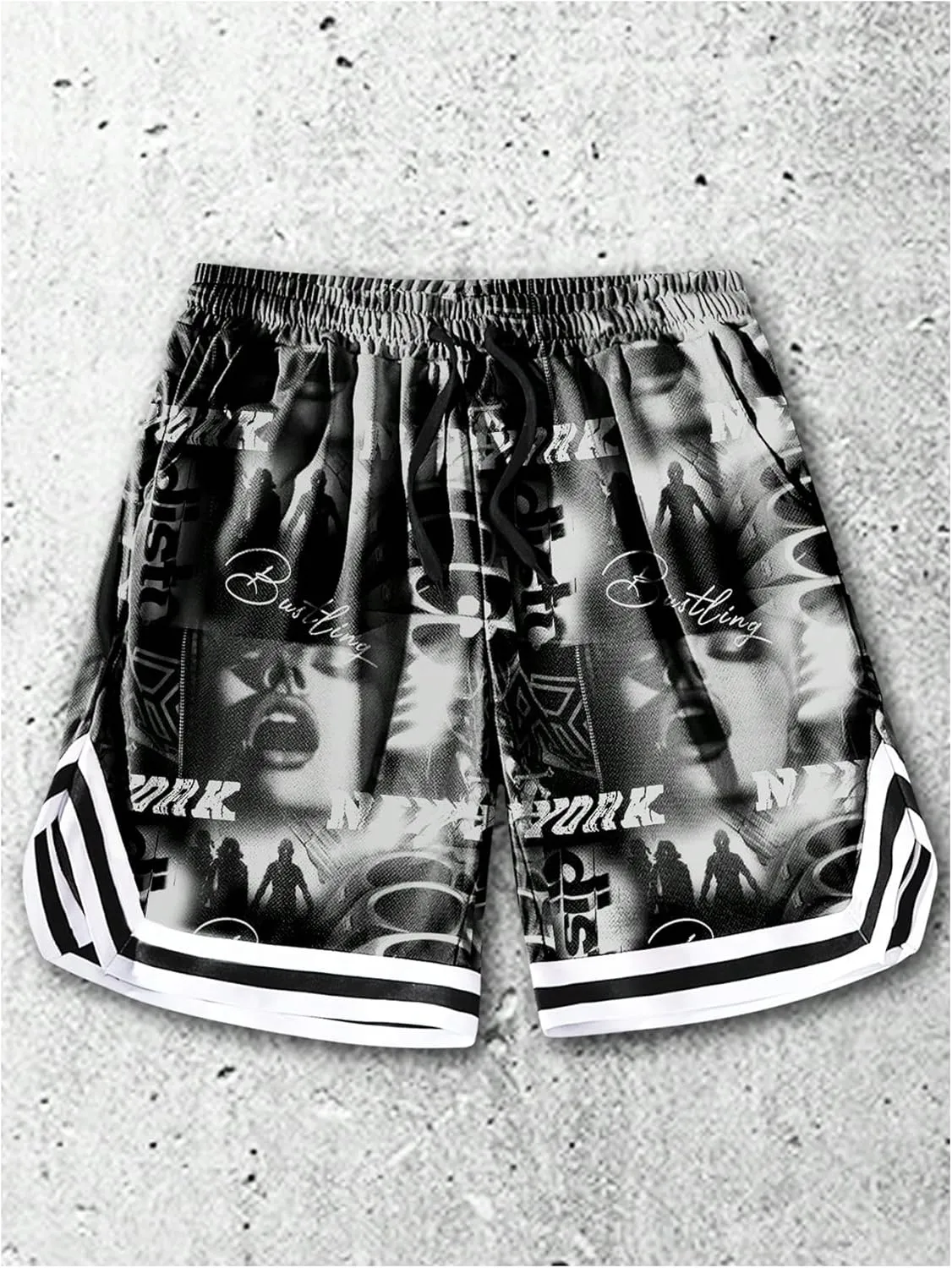 GORGLITTER Men's Striped Hem Drawstring Basketball Shorts Figure Graphic Quick Dry Running Gym Shorts