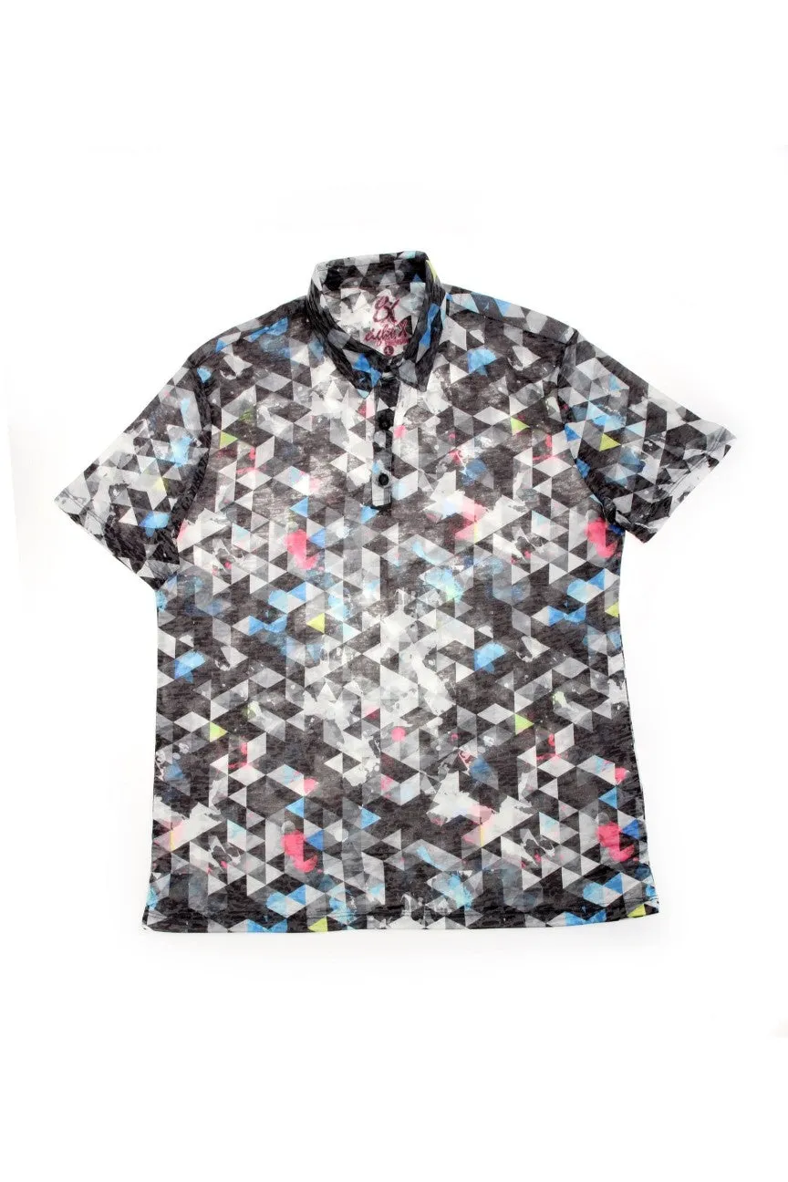 Grey Geo Print Polo Shirt