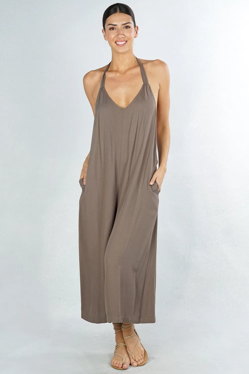 Halter V Neck Open Back Jumpsuit