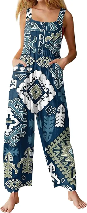 Jumpsuits for Women Palazzo Loose Rompers Wide Leg Cotton Linen Overalls with Pockets Boho Floral Vintage Outfits