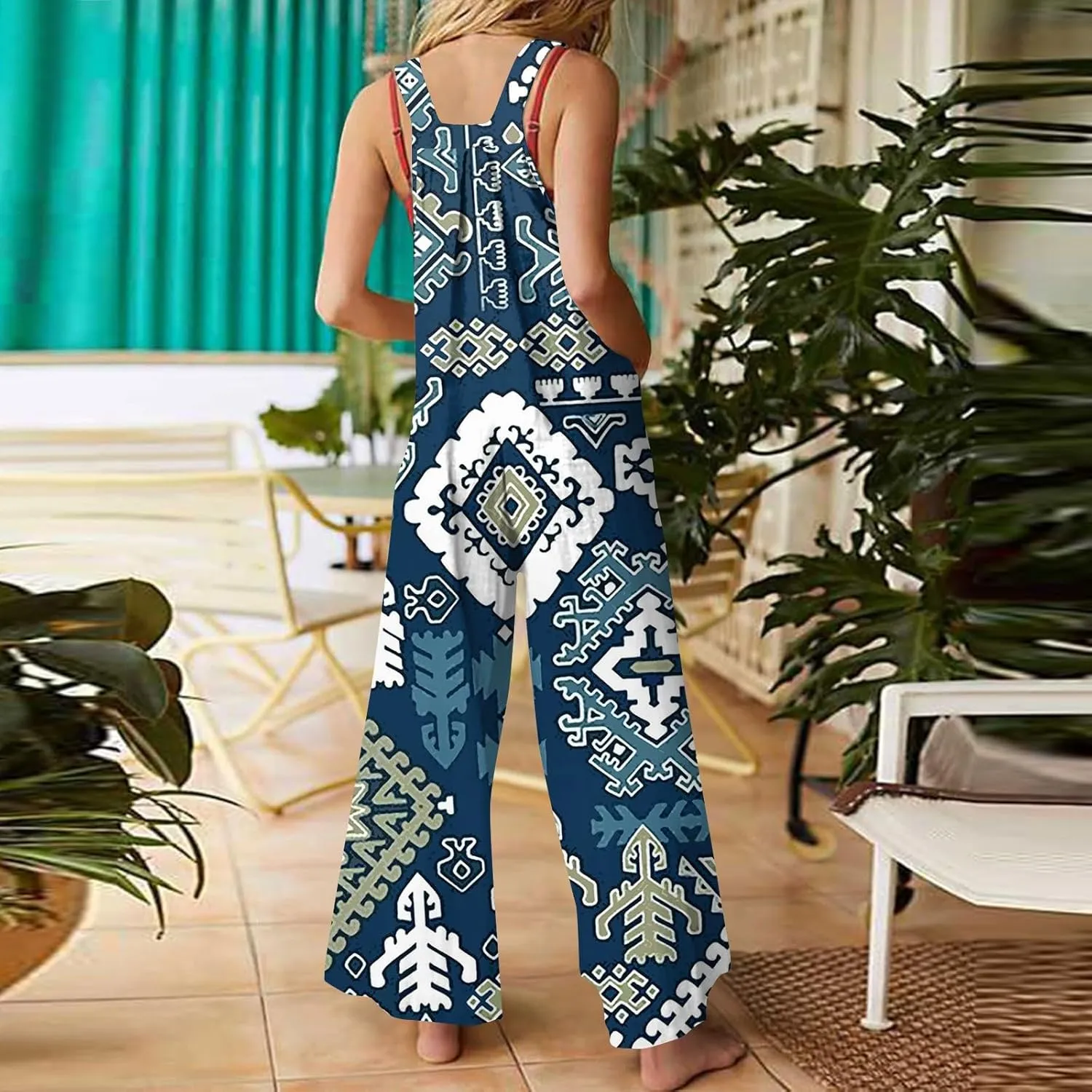 Jumpsuits for Women Palazzo Loose Rompers Wide Leg Cotton Linen Overalls with Pockets Boho Floral Vintage Outfits