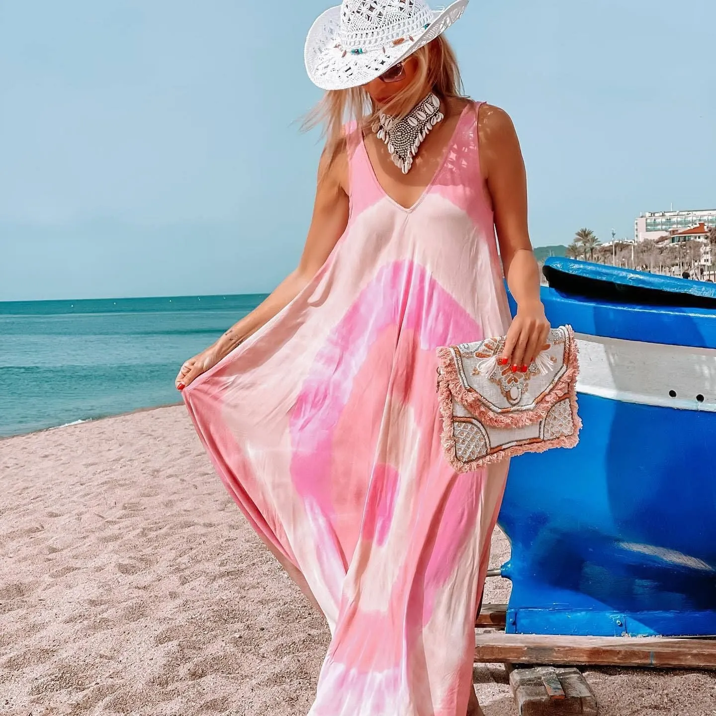 Ladies Print Loose Beach Sleeveless Dress