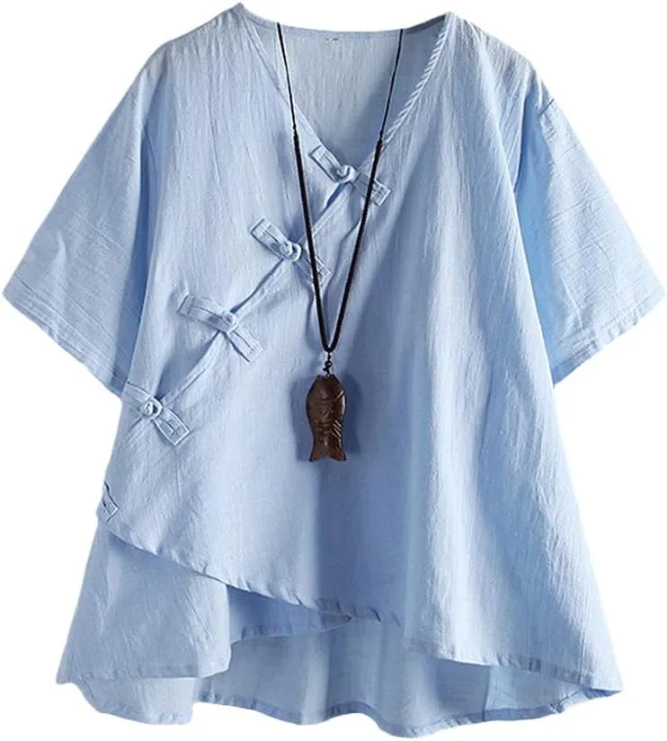 LaovanIn Women's Linen Blouse Tops V Neck Short Sleeve Vintage Tunic Casual Shirts