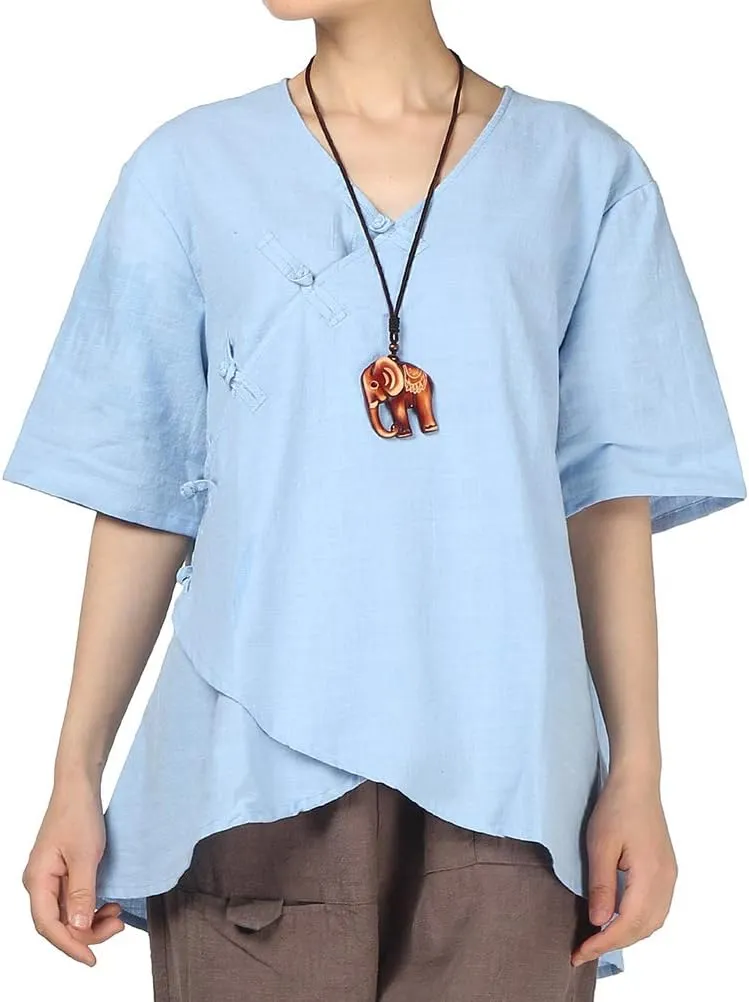 LaovanIn Women's Linen Blouse Tops V Neck Short Sleeve Vintage Tunic Casual Shirts