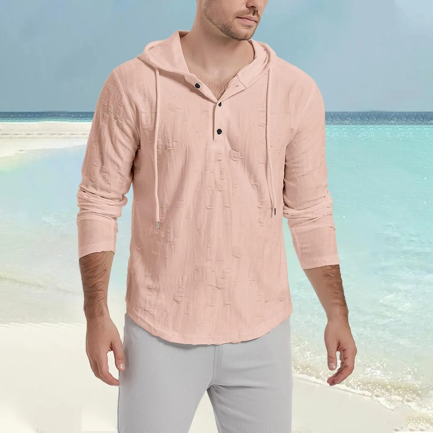 Linen Hoodies for Men Summer Lightweight Breathable Dry Fit Beach Tops Casual Long Sleeve Slim Fit Solid Sweatshirts