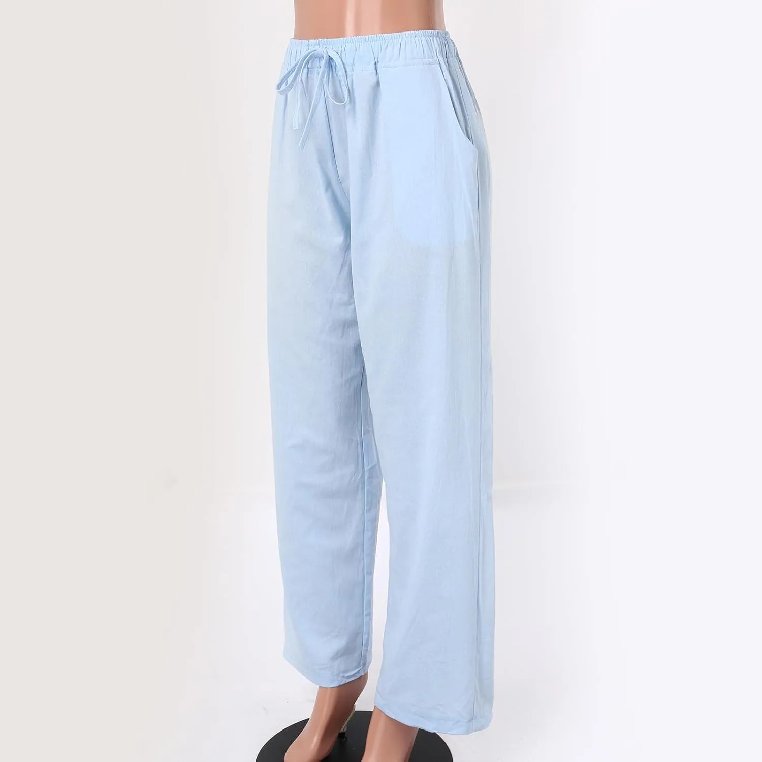 Linen Pants Women Summer Drawstring Waist Wide Leg Pants Loose Cotton Linen Palazzo Pants Casual Beach Long Pants