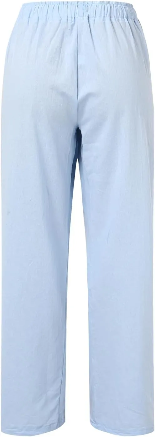 Linen Pants Women Summer Drawstring Waist Wide Leg Pants Loose Cotton Linen Palazzo Pants Casual Beach Long Pants