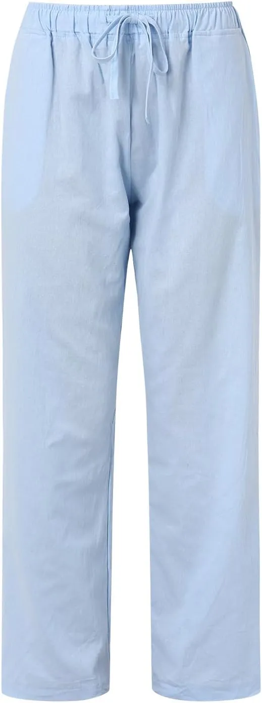 Linen Pants Women Summer Drawstring Waist Wide Leg Pants Loose Cotton Linen Palazzo Pants Casual Beach Long Pants