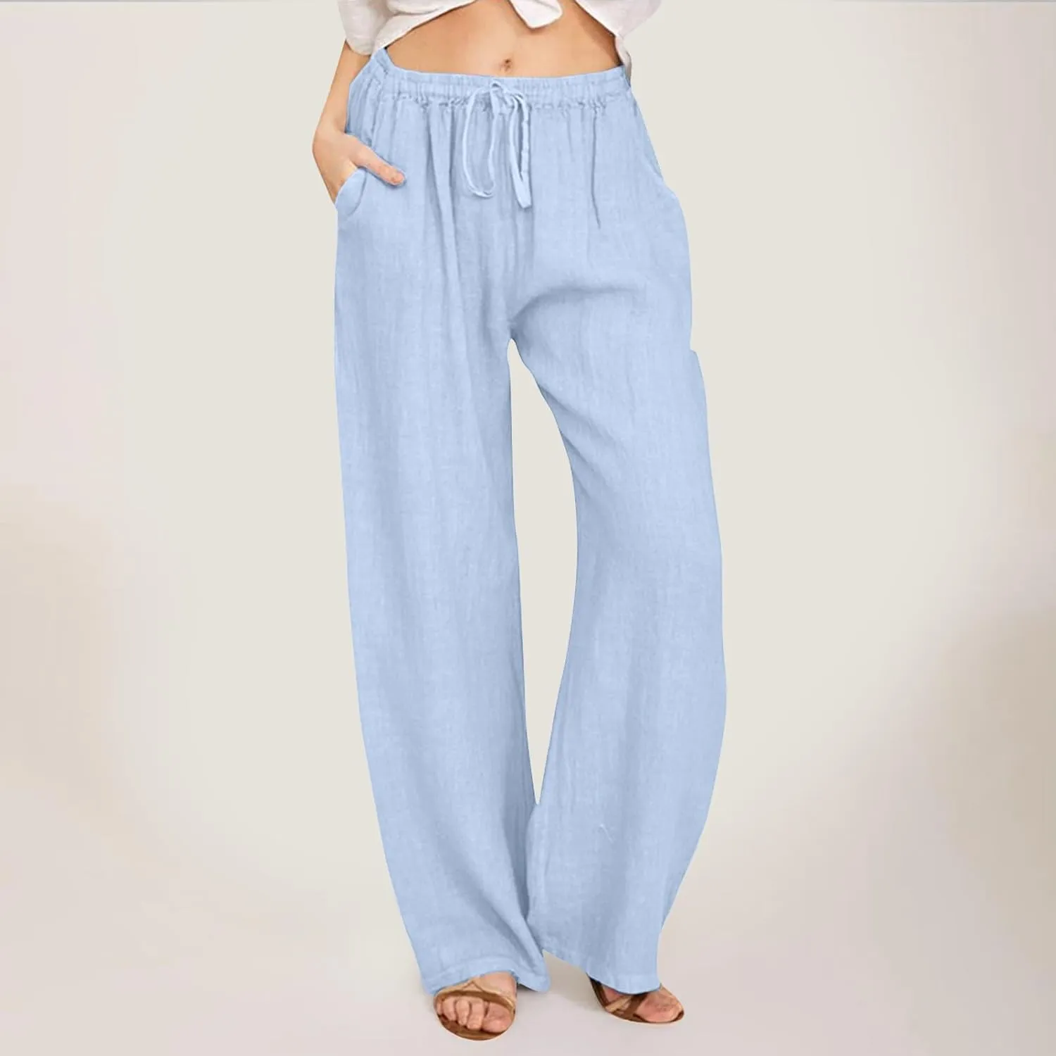 Linen Pants Women Summer Drawstring Waist Wide Leg Pants Loose Cotton Linen Palazzo Pants Casual Beach Long Pants