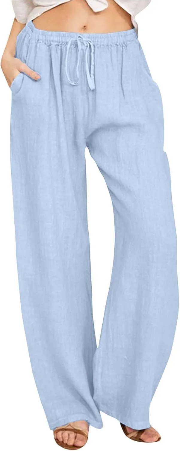 Linen Pants Women Summer Drawstring Waist Wide Leg Pants Loose Cotton Linen Palazzo Pants Casual Beach Long Pants
