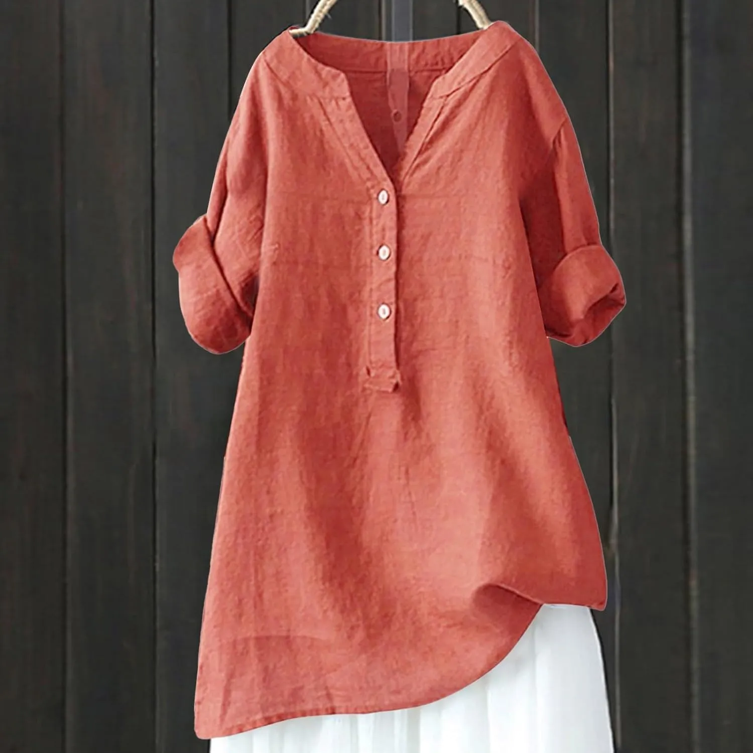 Linen Shirt for Women Short Sleeve V Neck Shirts Loose Fit Button Blouses Casual Solid Color Tops Breathable Summer Tee