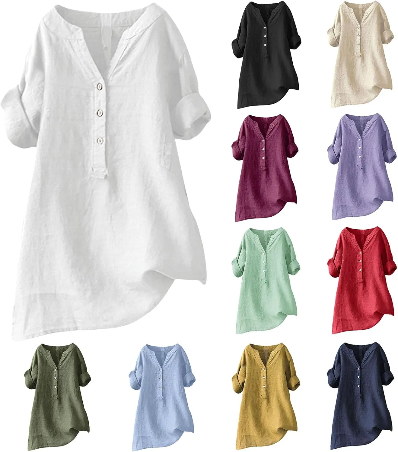 Linen Shirt for Women Short Sleeve V Neck Shirts Loose Fit Button Blouses Casual Solid Color Tops Breathable Summer Tee