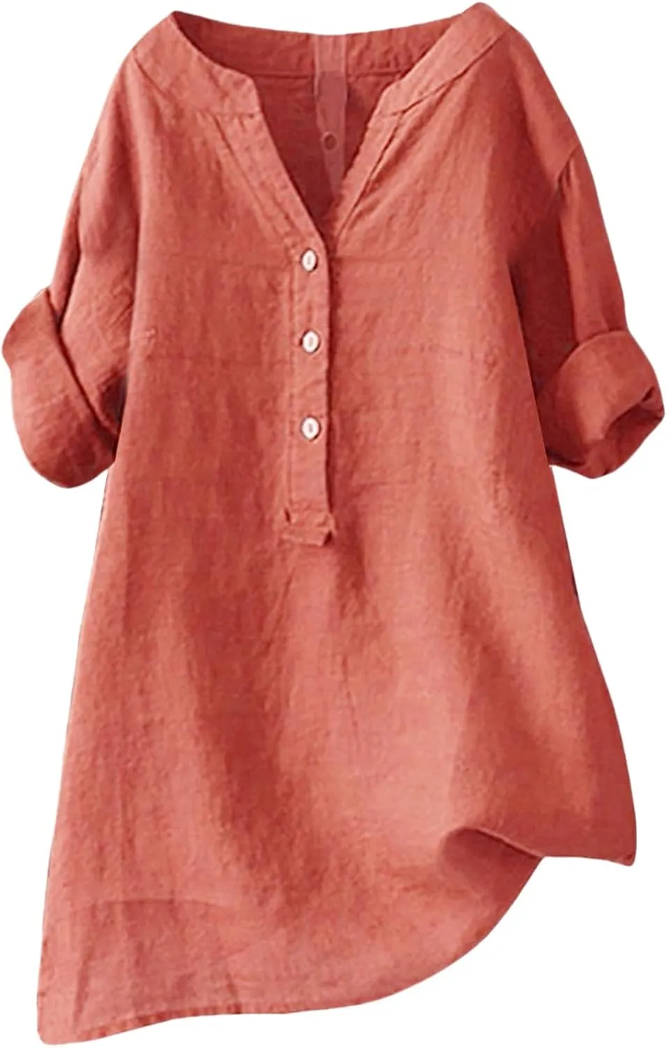 Linen Shirt for Women Short Sleeve V Neck Shirts Loose Fit Button Blouses Casual Solid Color Tops Breathable Summer Tee