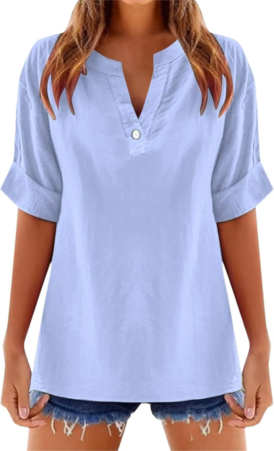 Linen Tops for Women Loose Fitting Summer V Neck Casual Blouses Short Sleeve T Shirts Spring Outfits Trendy Clothes