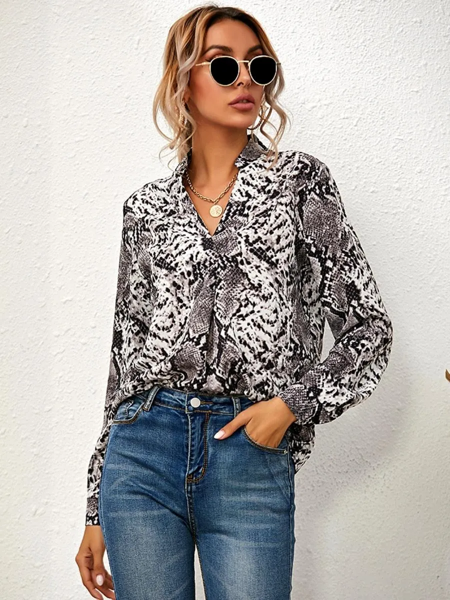 Luexco Leopard Print Blouse Long Sleeve Turn Down Collar Loose